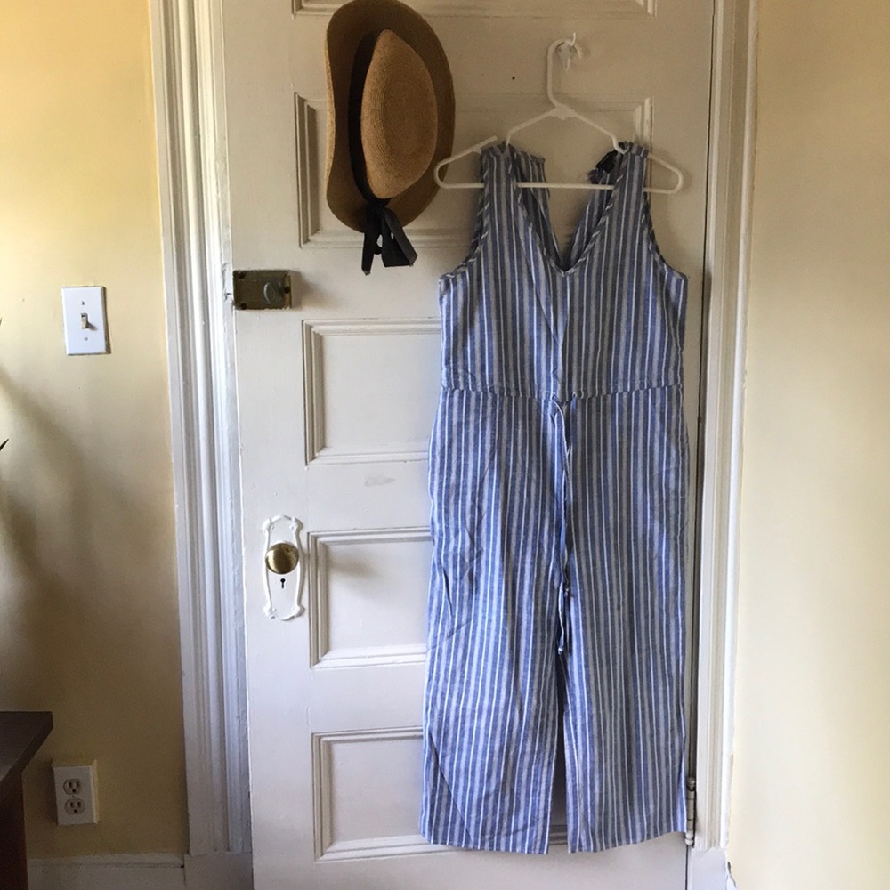Anthropologie Drew Blue and White linen jumpsuit.